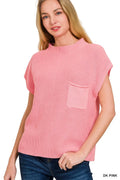 Zenana Mock Neck Short Sleeve Knit Sweater in Pink