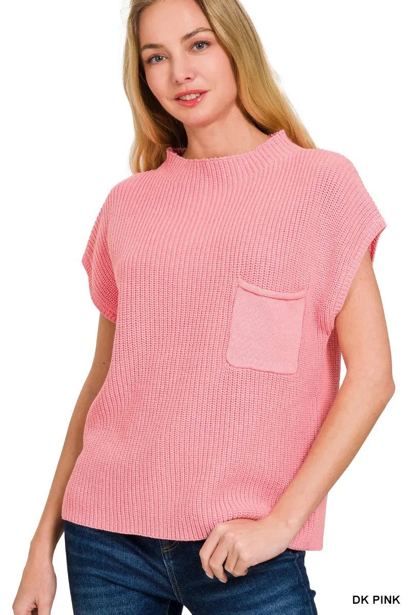 Zenana Mock Neck Short Sleeve Knit Sweater in Pink