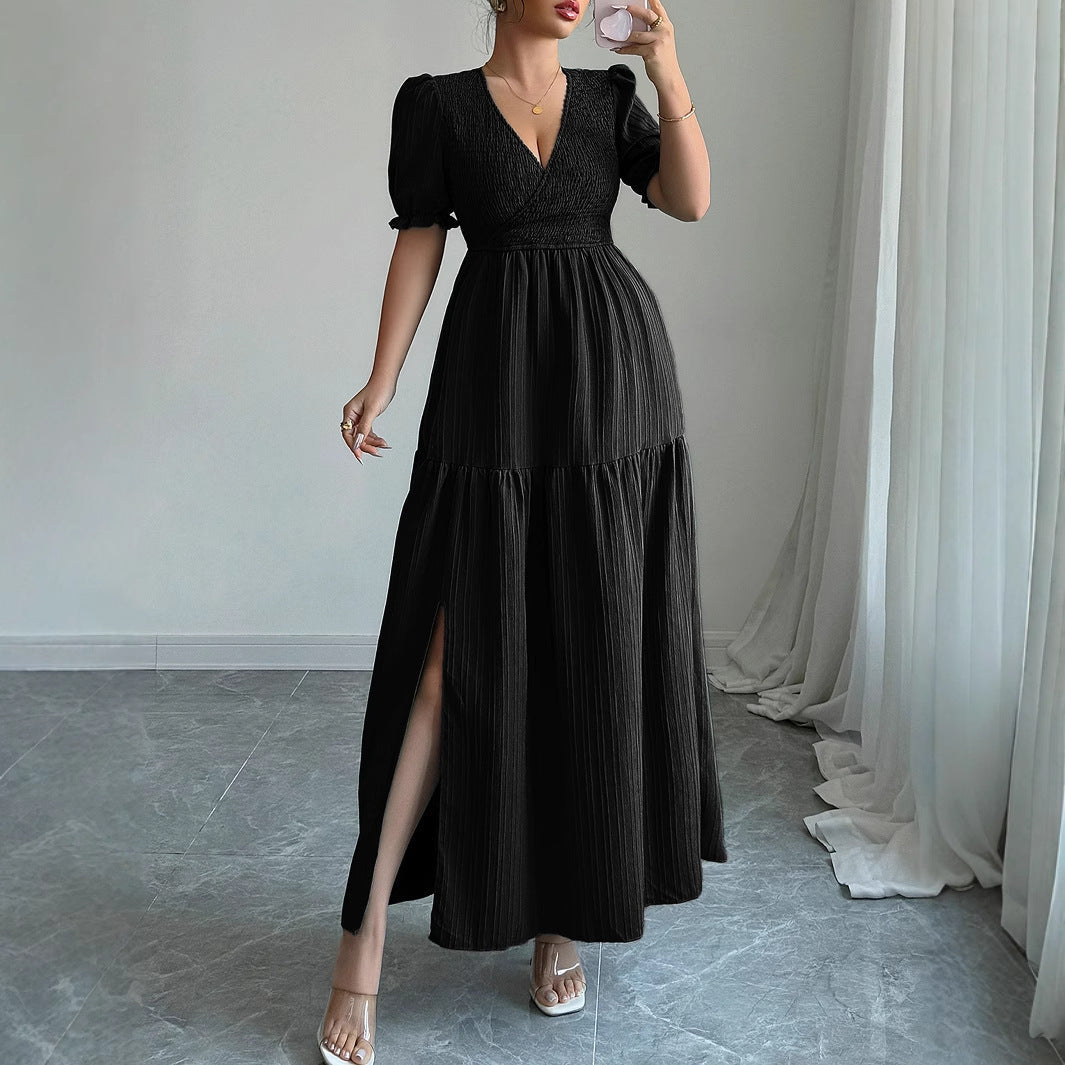 Deep V-Neck High Waist A-Line Dress