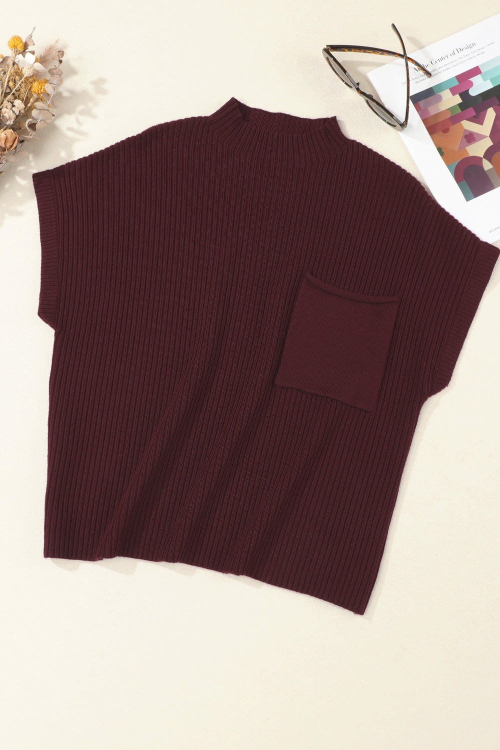 Solid Ribbed Knit Patch Pocket Short Sleeve Top