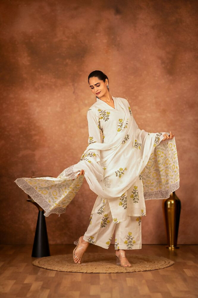 Off White and Yellow Hand Block Printed Cotton Suit Set