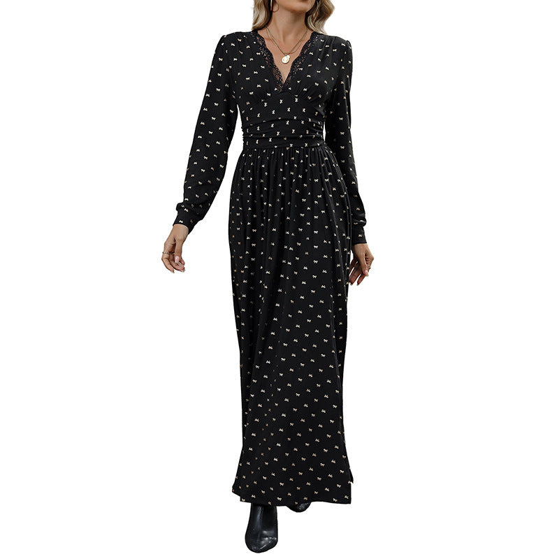 Elegant Retro Lace V-Neck Long Sleeve Bow Print Dress