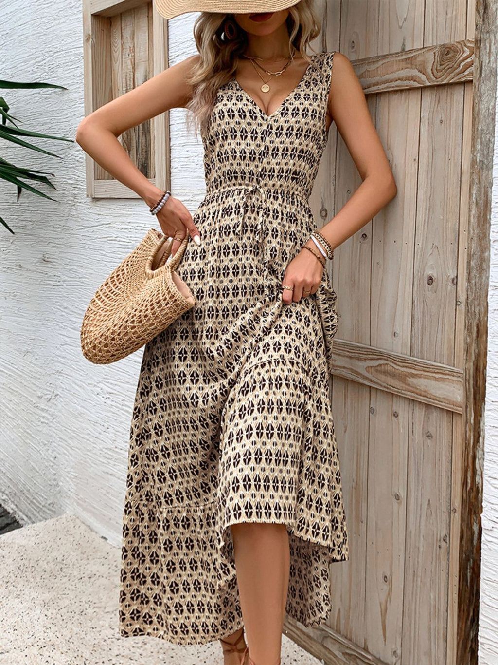 Vintage Printed V-Neck Midi Dress with Tie Waist