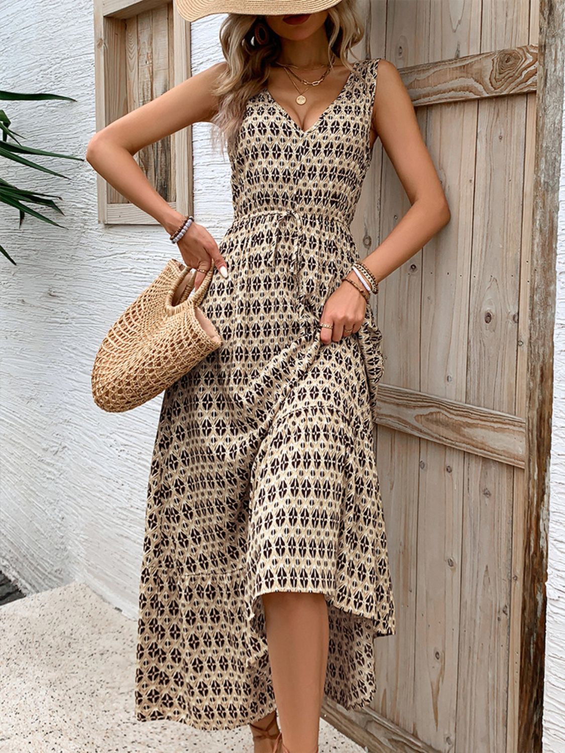 Vintage Printed V-Neck Midi Dress with Tie Waist