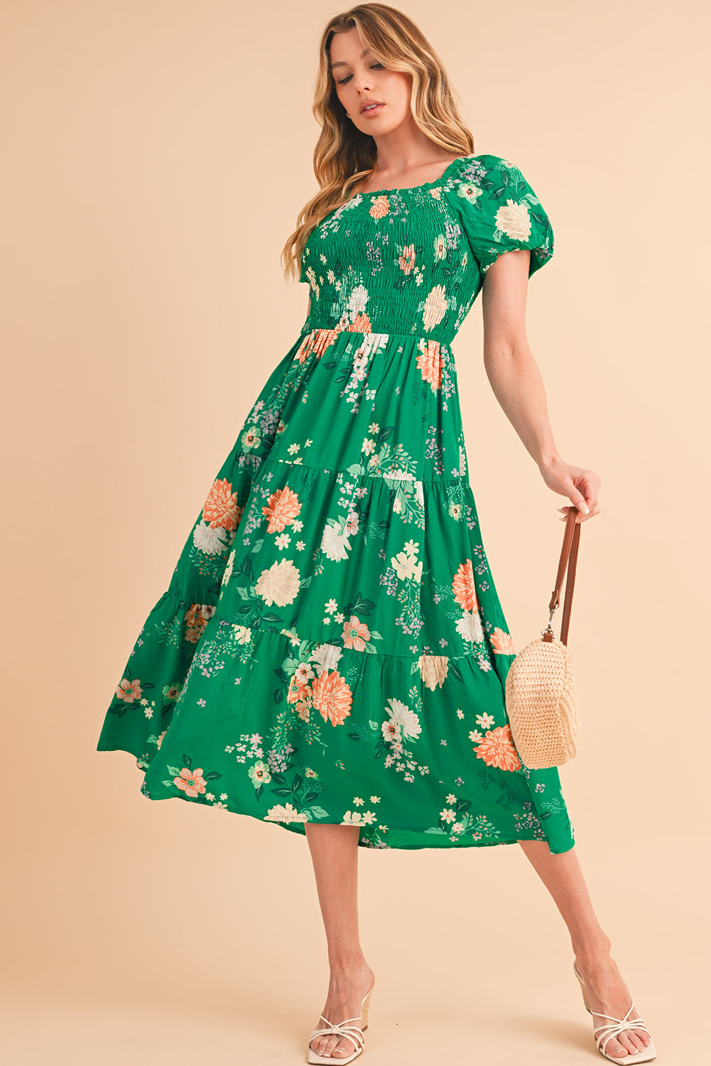 Green Floral Bubble Sleeve Smocked Midi Dress | Viscose