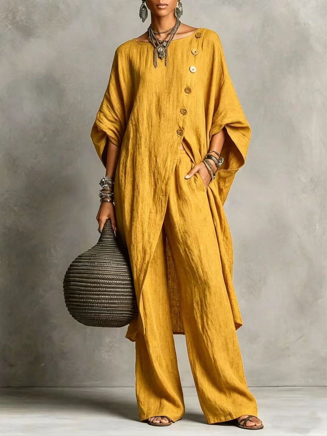 Women's Drop Shoulder Irregular Hem Tunic and Wide Leg Pants Set - Image 14