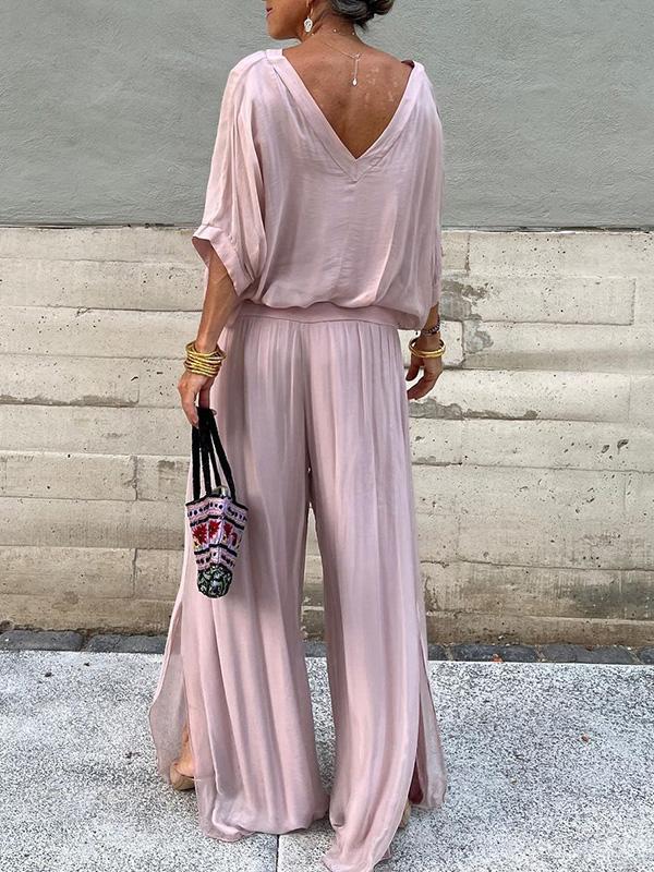 Solid Color Chiffon Two-Piece Set with V-Neck Top and Trousers - Image 12