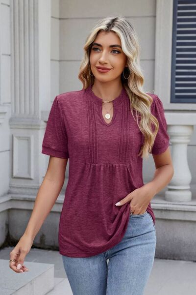 Women's Solid Color Notched Neck Short Sleeve Casual Blouse - Image 8