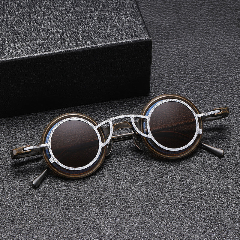 Pure titanium small round sunglasses featuring a retro steampunk design