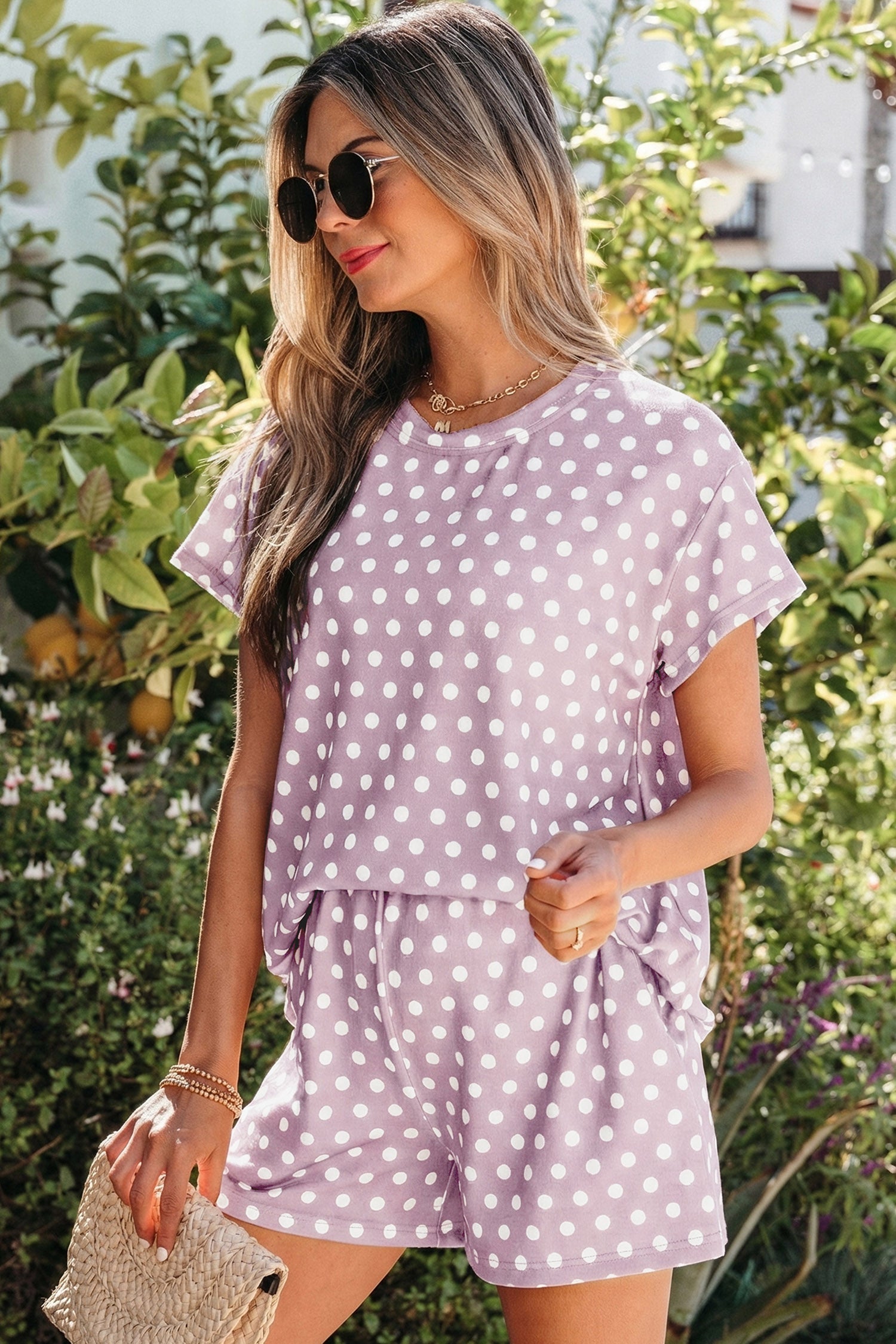 Purple Polka Dot Short Set Women's Two-Piece Casual Lounge Outfit