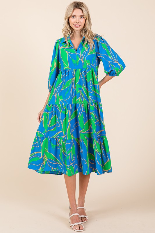 Tiered Printed Midi Dress with Collared Neck in Blue and Green