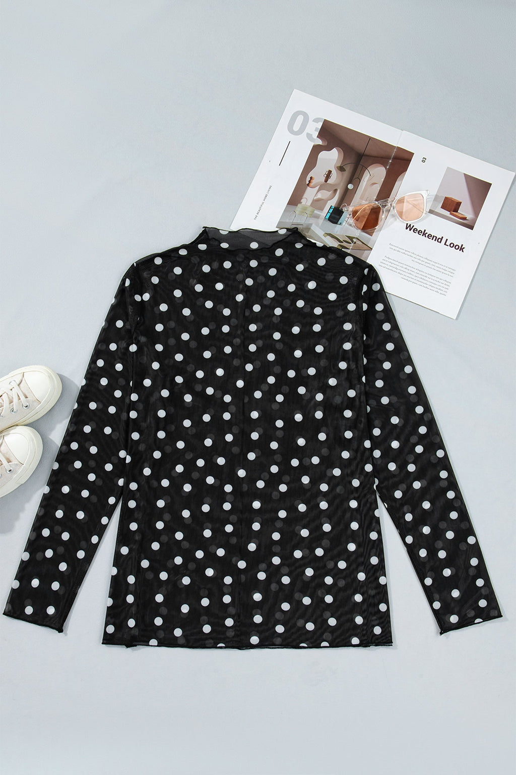 Polka Dot Mesh Long Sleeve Top Colorblock Modern Minimalist Tee