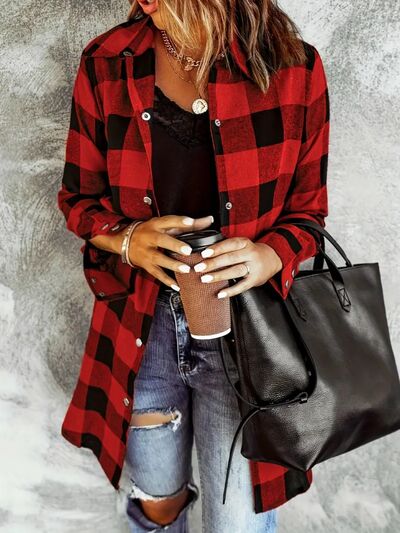 Deep red plaid collared jacket with snap buttons and pockets