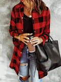 Deep red plaid collared jacket with snap buttons and pockets