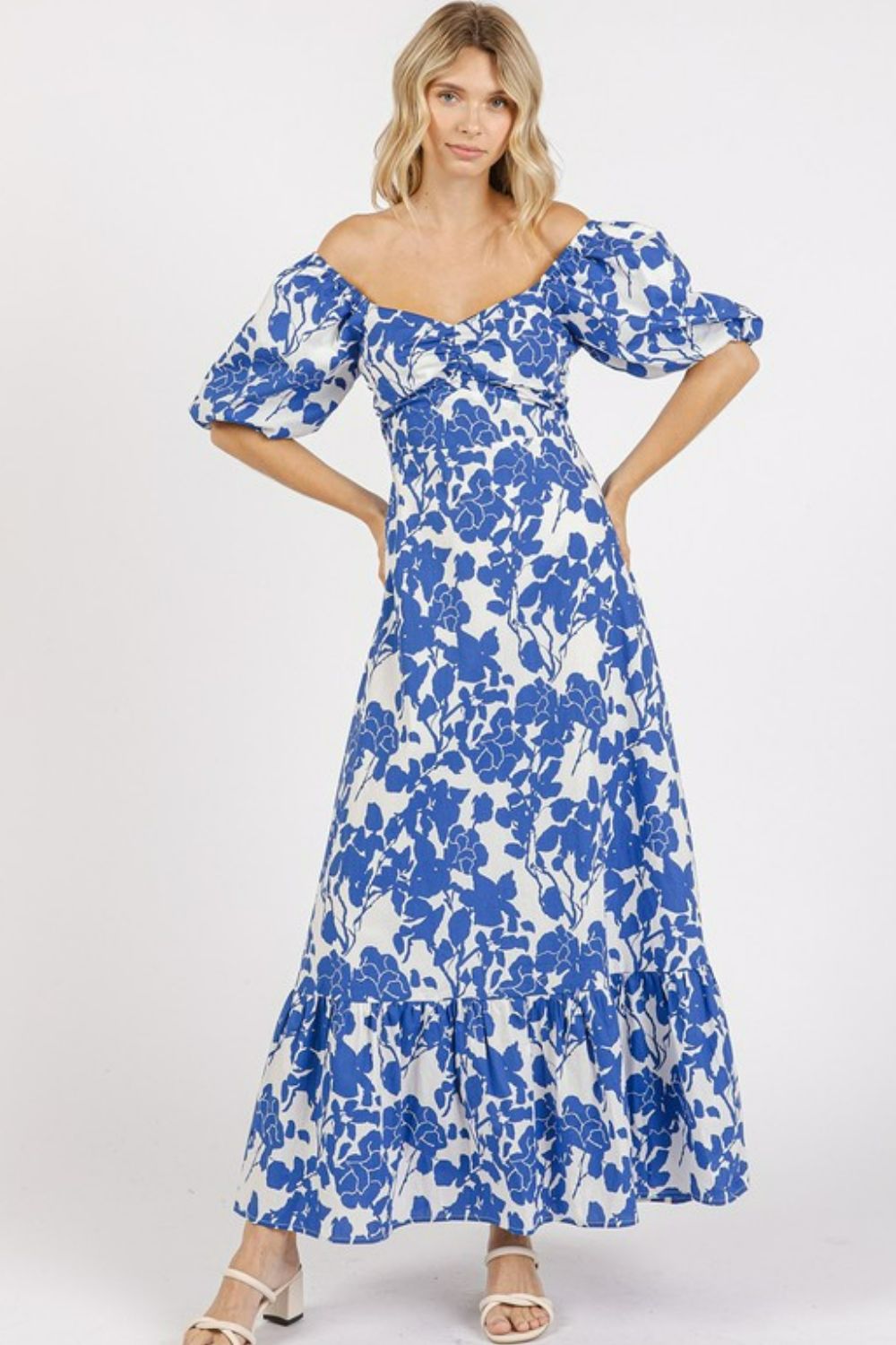 Floral Sweetheart Neck Puff Sleeve Mini Dress with Cutout Back