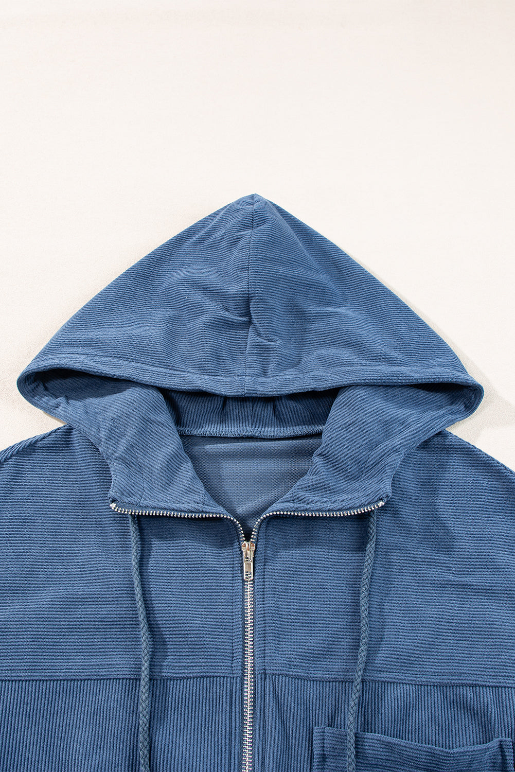 Women's Cream Corduroy Zip-Up Hooded Jacket with Pockets