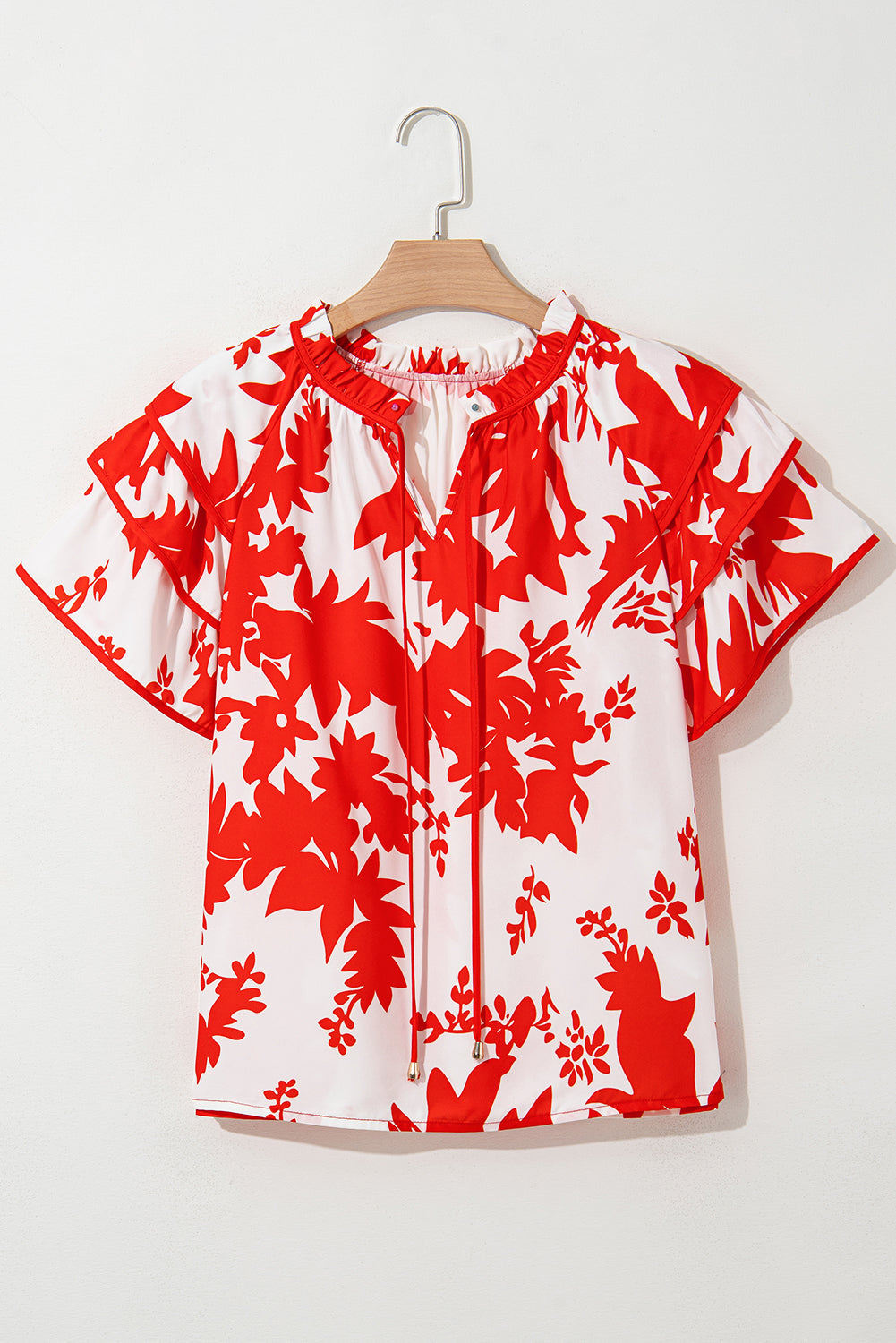 Zoya Tiered Ruffled Sleeve V Neck Blouse in Red Floral Print