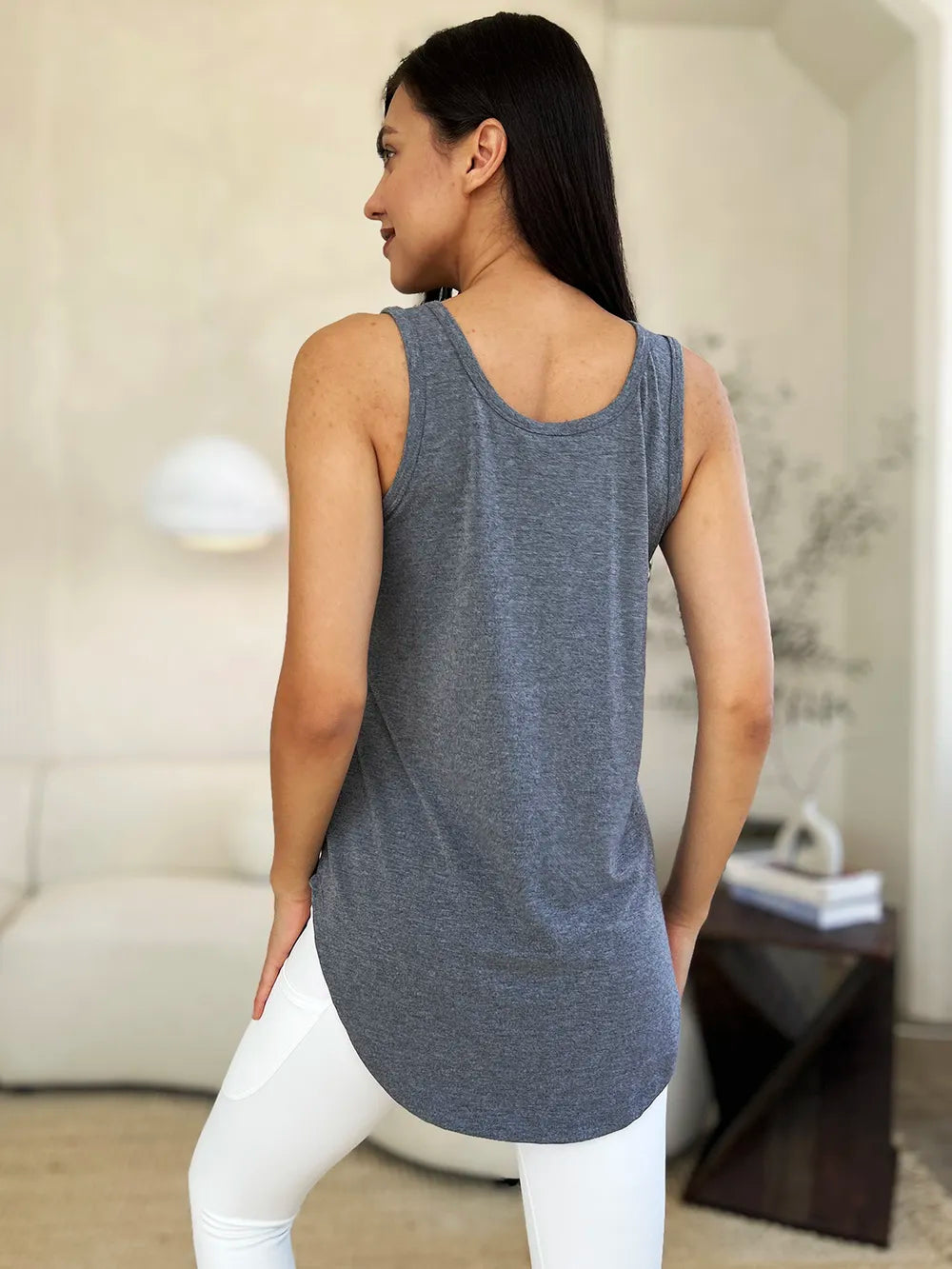 Round Neck Curved Hem Tank Top | Rayon Spandex Knit