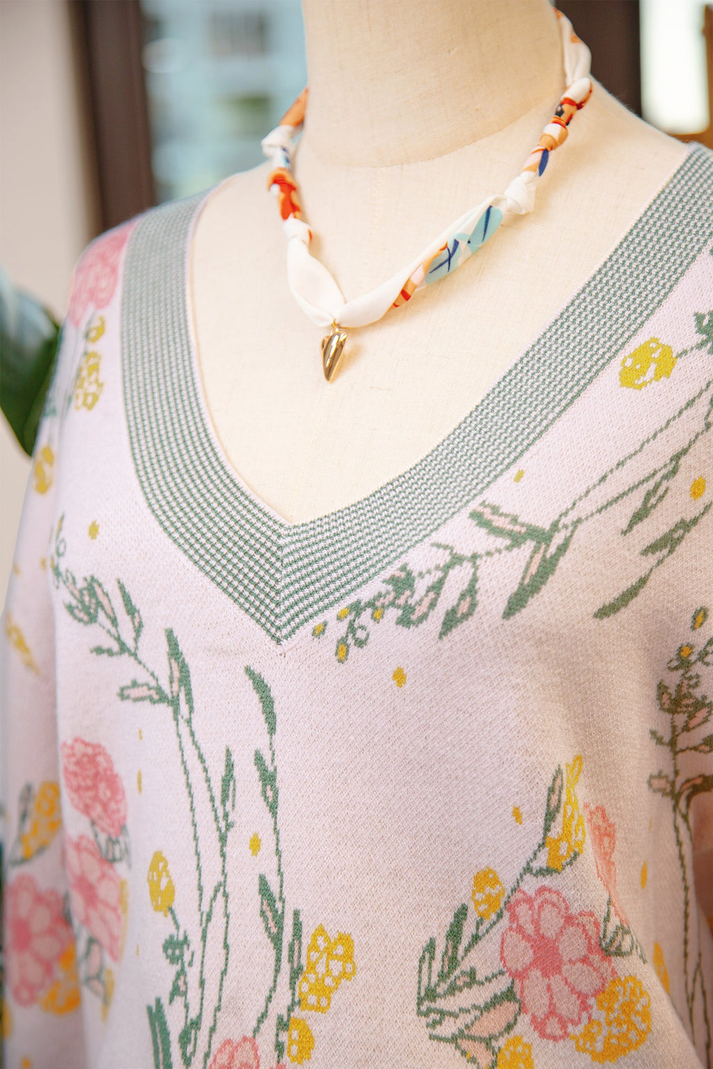 Floral Stripe Contrast V-Neck Sweater