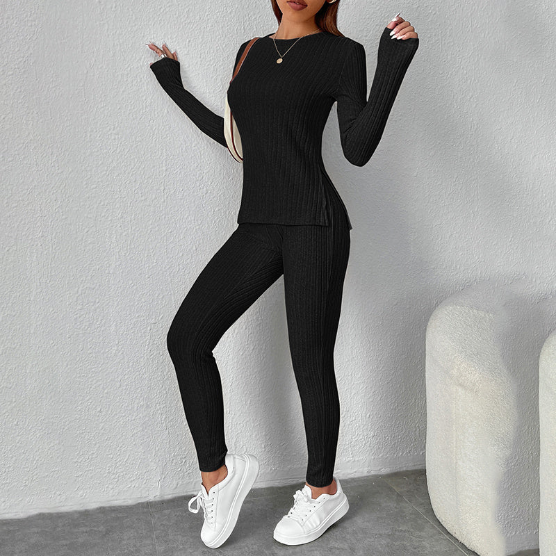 Women's Ribbed Knit Long-Sleeve Tee and Pants Lounge Set - Image 6