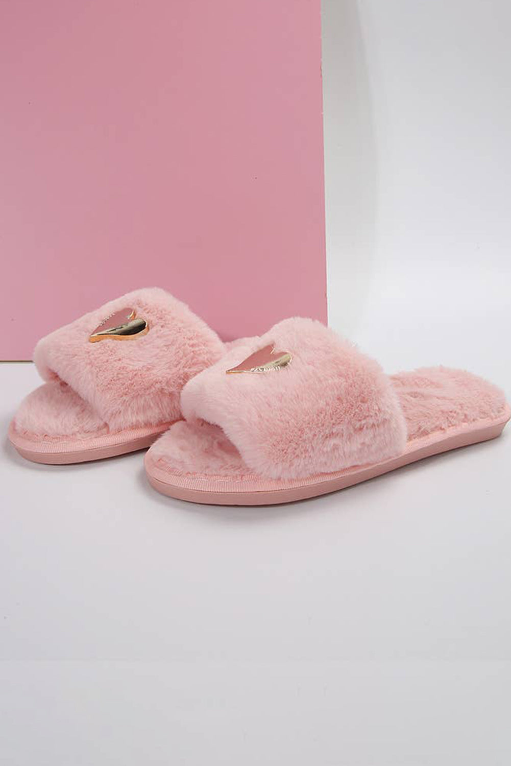 Parchment Heart Buckle Open Toe Plush Slippers