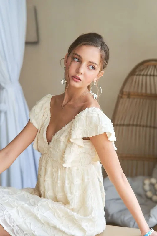 Cream Tie Back V-Neck Ruffle Sleeve Summer Dress
