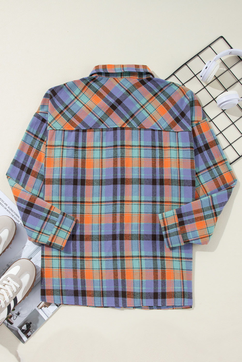 Women's Red Plaid Print Drop Sleeve Loose Shirt Casual Top