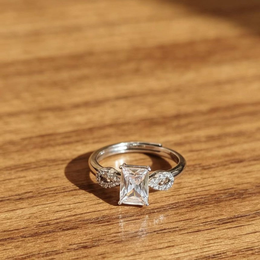 Minimalist Sugar Cube Adjustable Ring in Silver with Crystal Accents