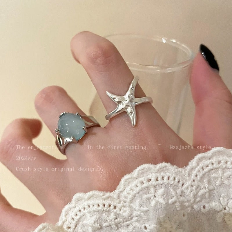 Starfish Bead Adjustable Open Ring For Women, Niche High-End Literary Retro Elegant Index Finger Jewelry