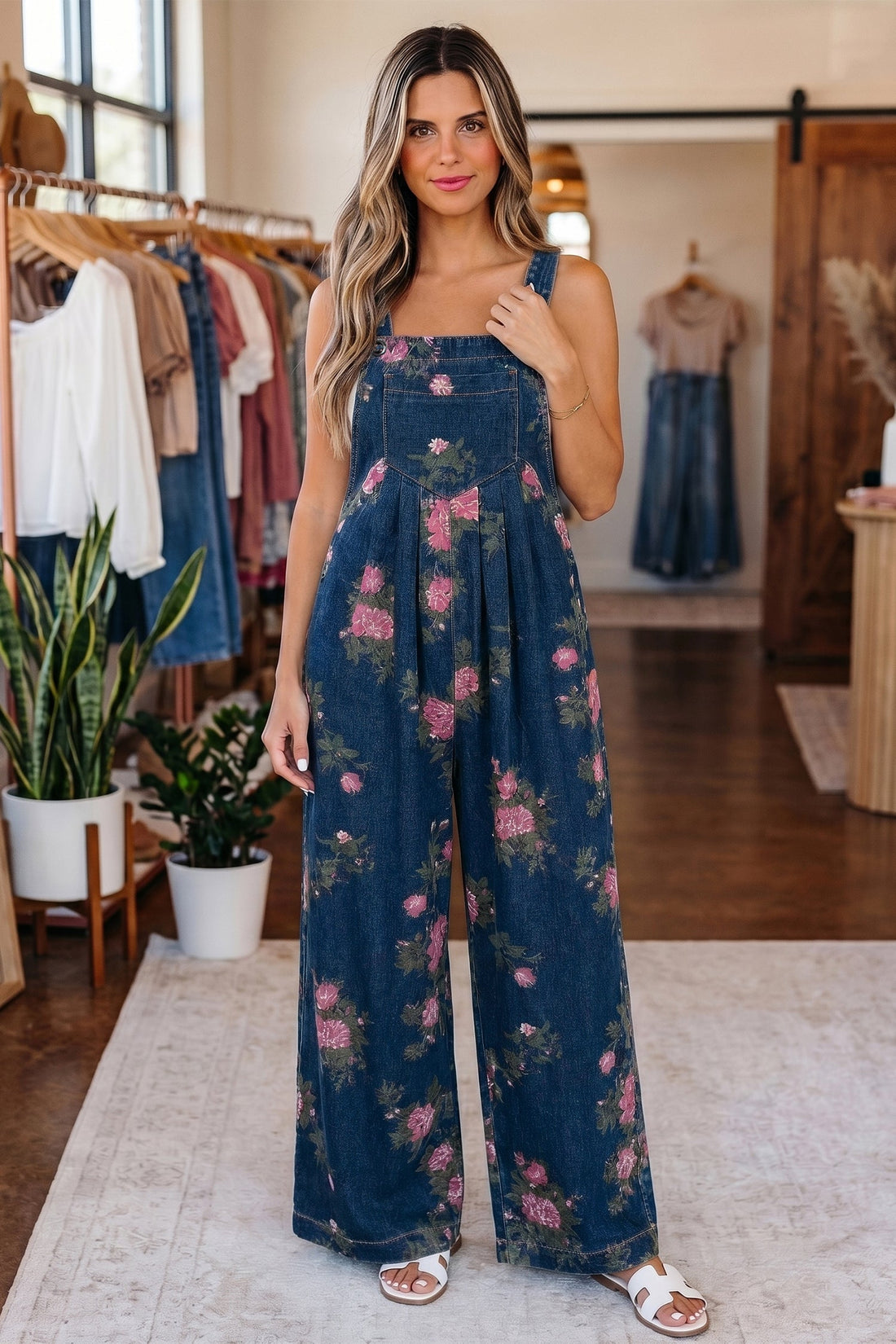 Woman wearing Akira floral print wide-leg denim jumpsuit in dark-blue and pink