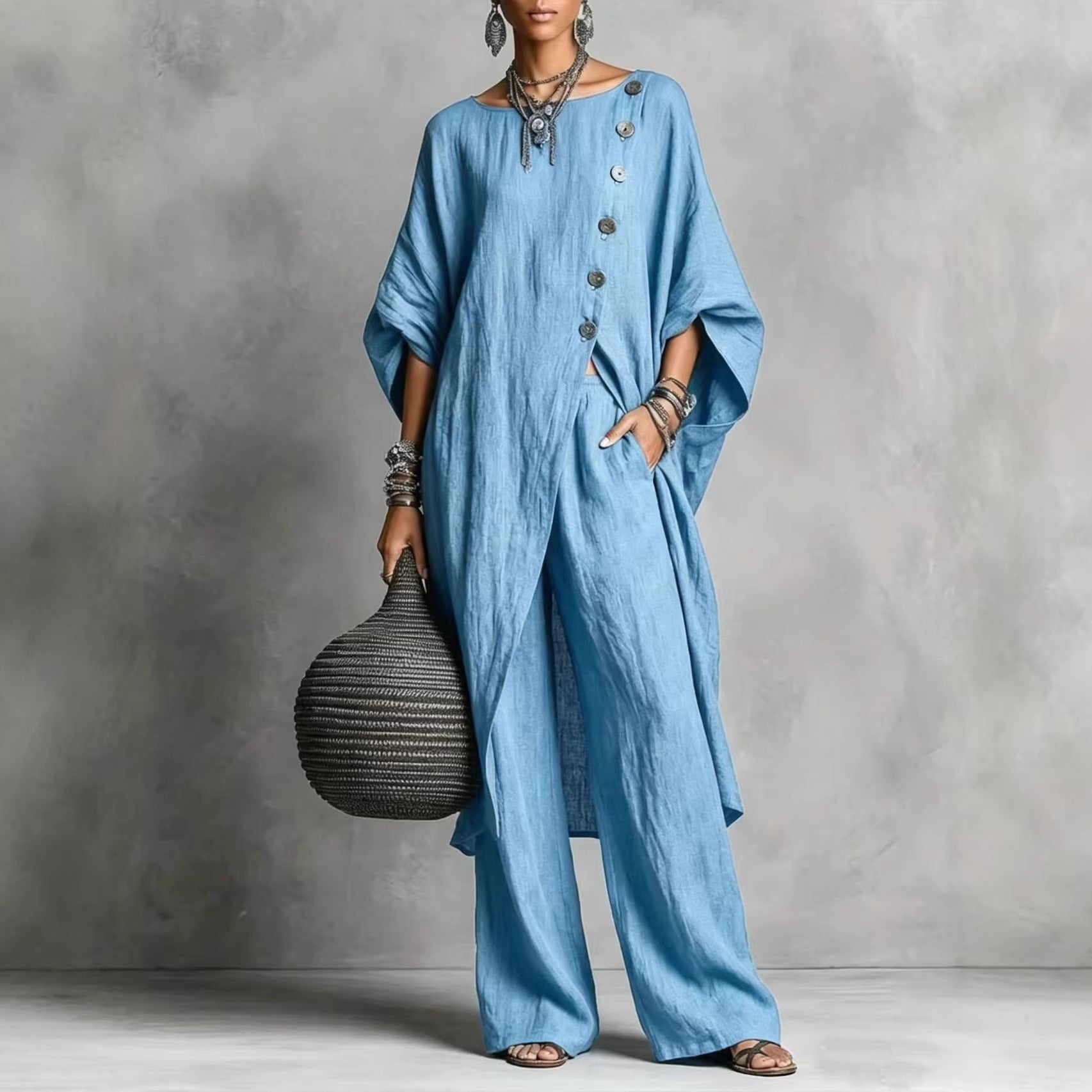 Women's Drop Shoulder Irregular Hem Tunic and Wide Leg Pants Set - Image 3