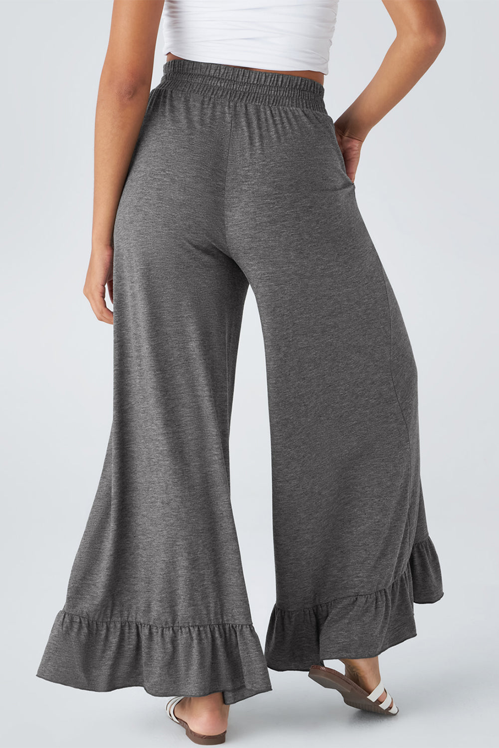 Women’s Wide Leg Knit Pants with Ruffle Hem - Relaxed Bohemian Style