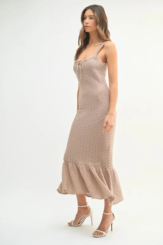 Sleeveless Crochet Knit Midi Dress with Ruffled Hem