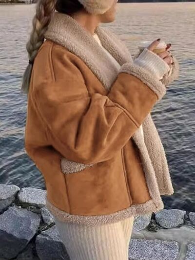 Women’s Fuzzy Collared Long Sleeve Jacket with Button Closure