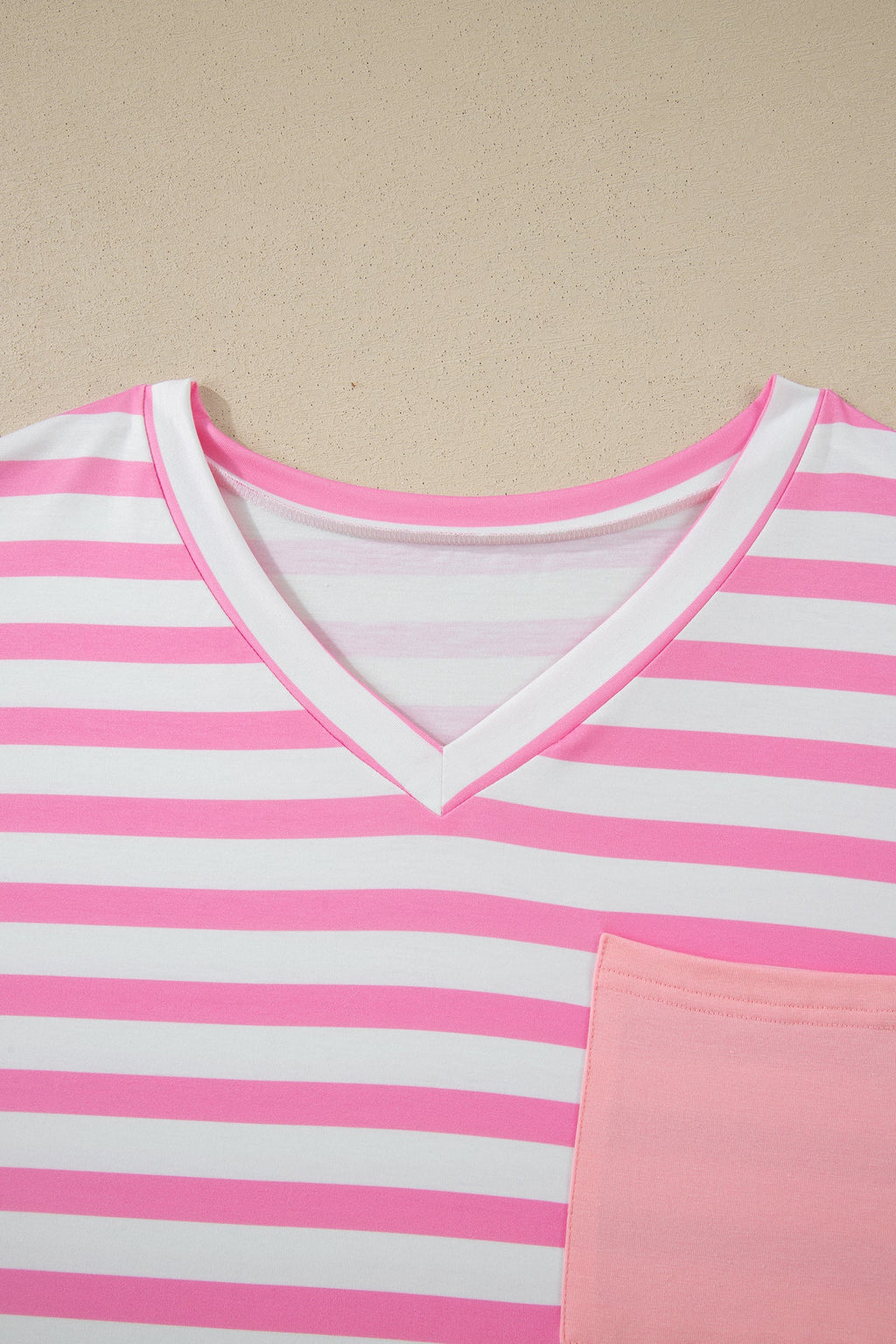 Pink and White Striped V-Neck Tee with Colorblock Pocket - Image 4