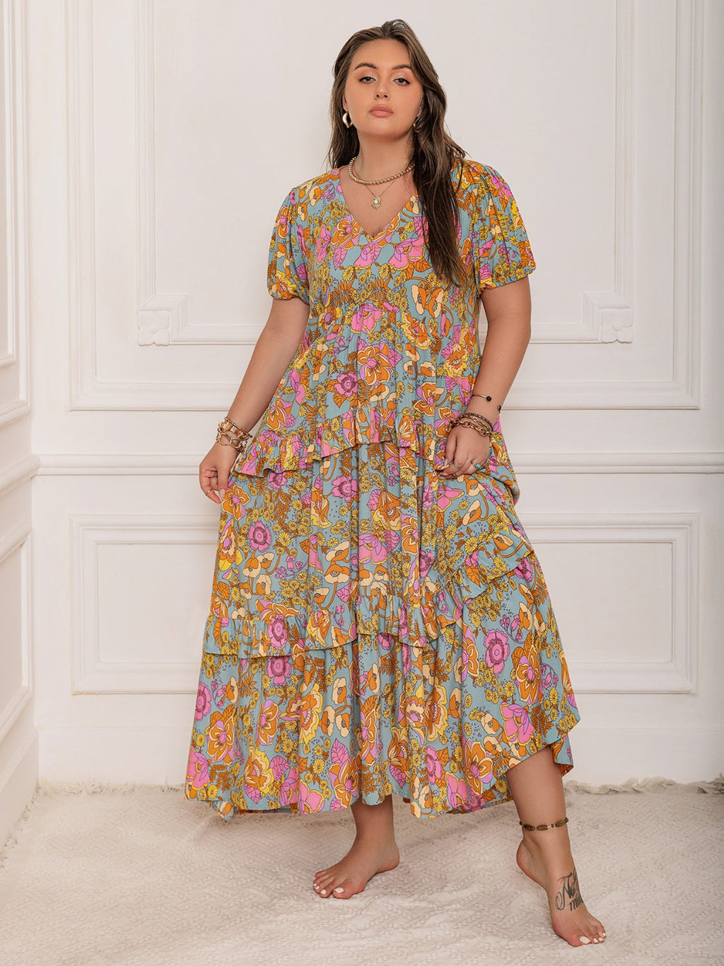 Floral V-Neck Maxi Dress - Flowy Ruffled Short Sleeve Summer Dress