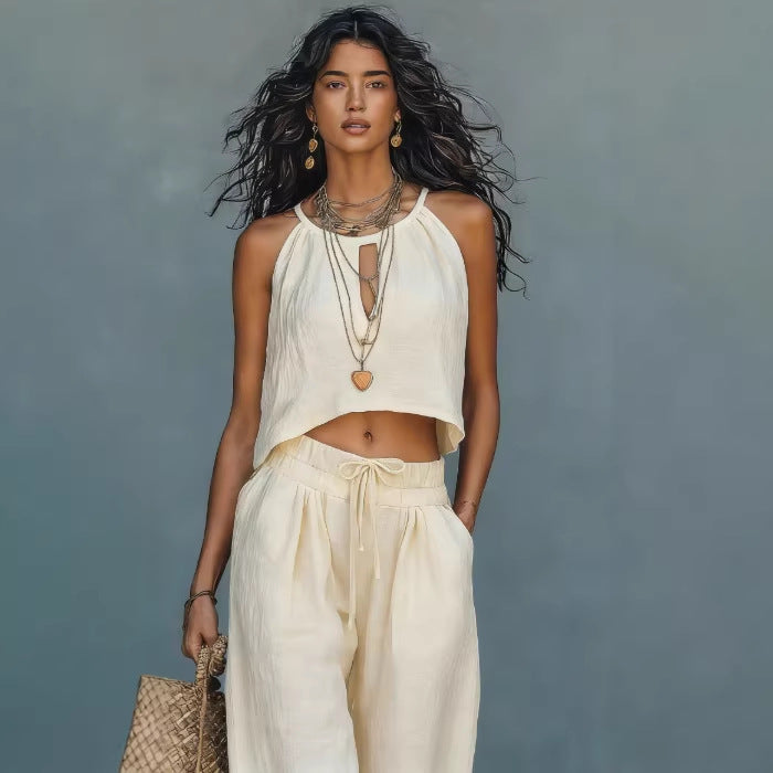 Women's Sleeveless Crop Tank and Wide-Leg Pants Linen Blend Set