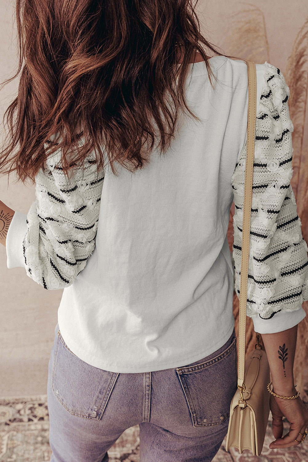 White Patchwork Rib Knit Top with Striped 3/4 Sleeves - Image 2