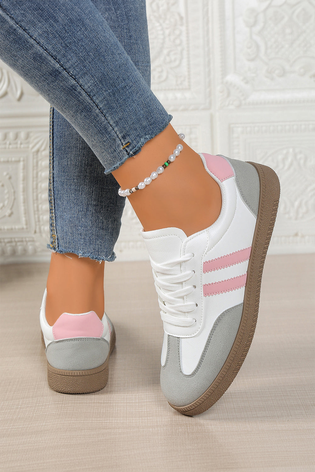 Pink Striped Patchwork Lace Up Sneakers | PU Leather