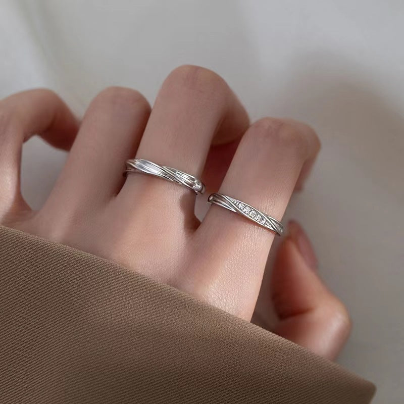 S925 Sterling Silver Love Frequency Couple Rings, Minimalist Wavy Texture Pair Rings, Micro-set Zirconia, Light Luxury Finger Rings