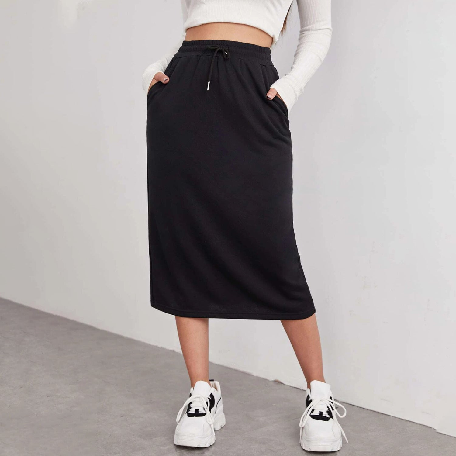 Women’s Elastic Waist Solid Midi Skirt Sporty Commute Wear