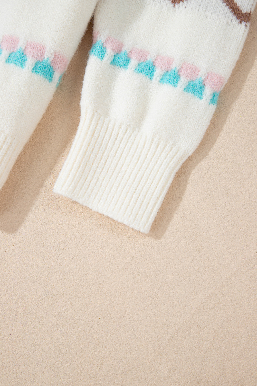 White Tree Pattern Drop Shoulder Sweater with Ribbed Trim
