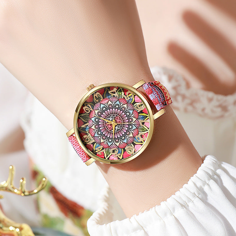 Round Floral Design, Multicolored, Versatile Casual Quartz Watch
