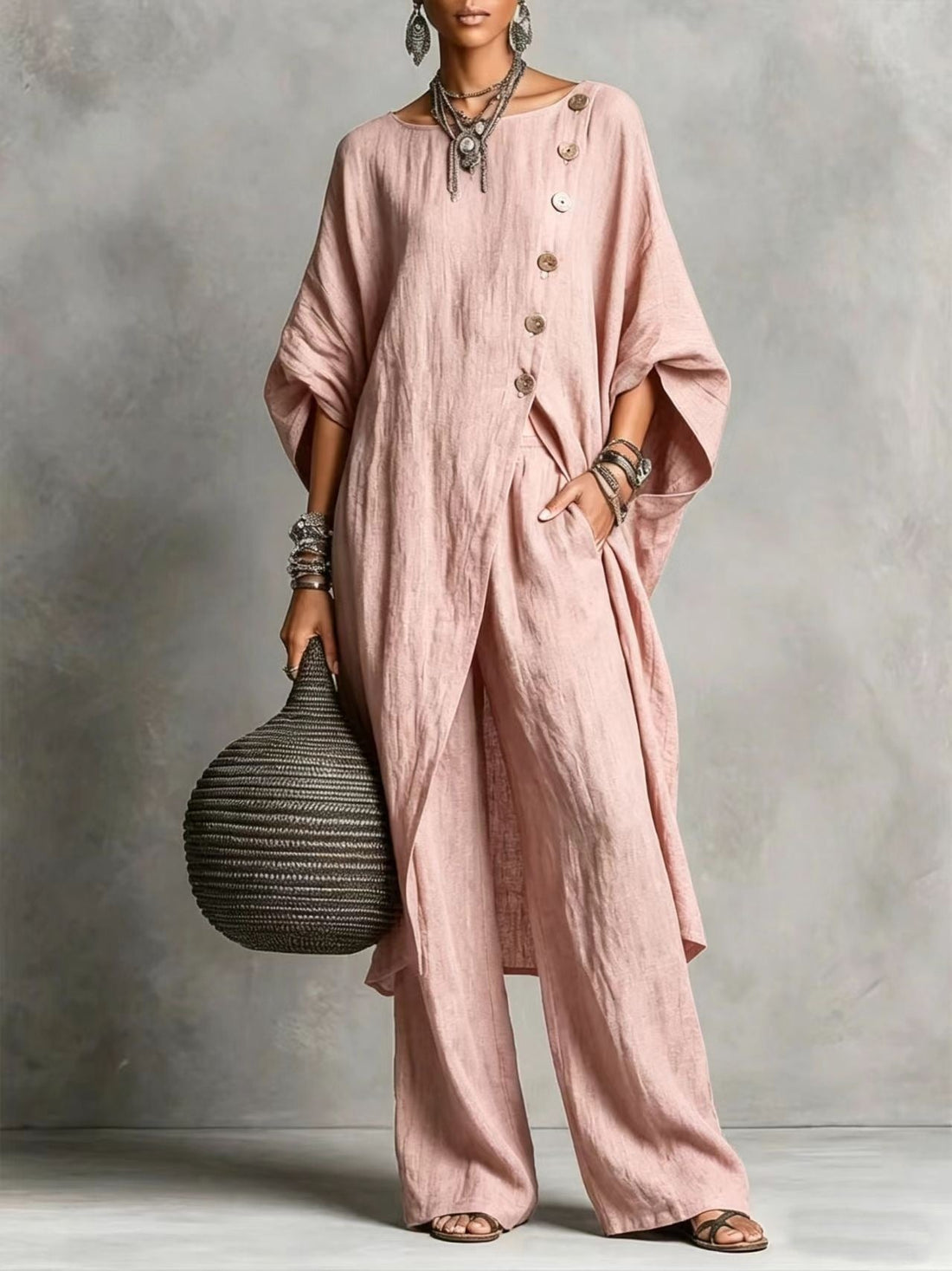 Women's Drop Shoulder Irregular Hem Tunic and Wide Leg Pants Set - Image 9