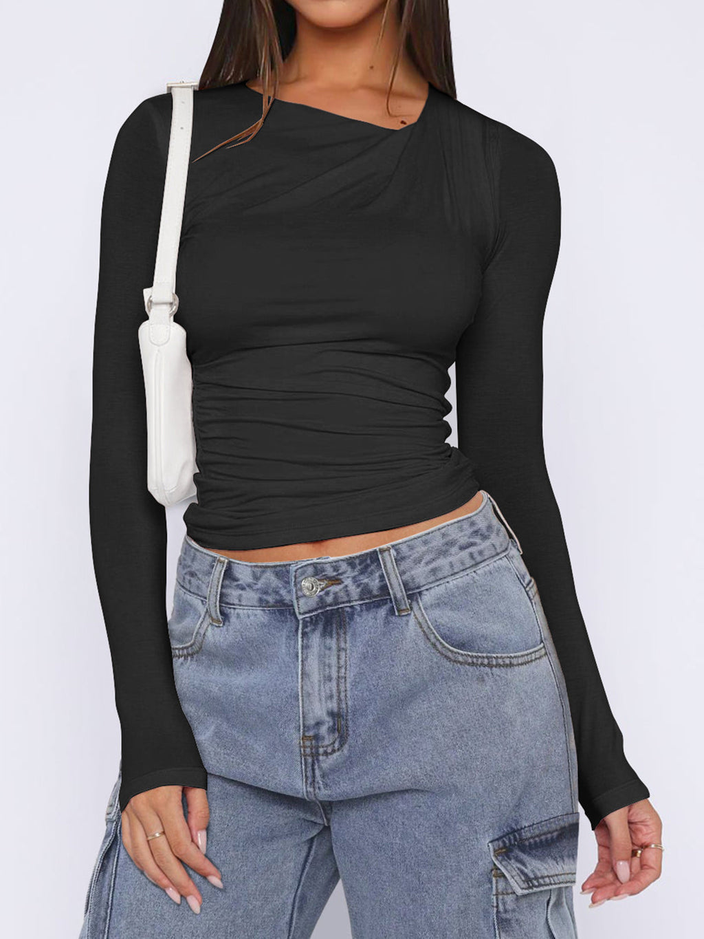 Ruched Asymmetrical Neck Long Sleeve T-Shirt in Slim Fit - Image 9