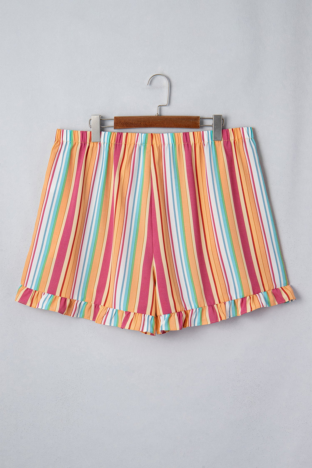 Stripe Elastic Waist Ruffle Hem Shorts in Pink Orange Yellow