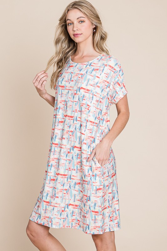 Printed Round Neck Short Sleeve Tee Dress with Functional Pockets