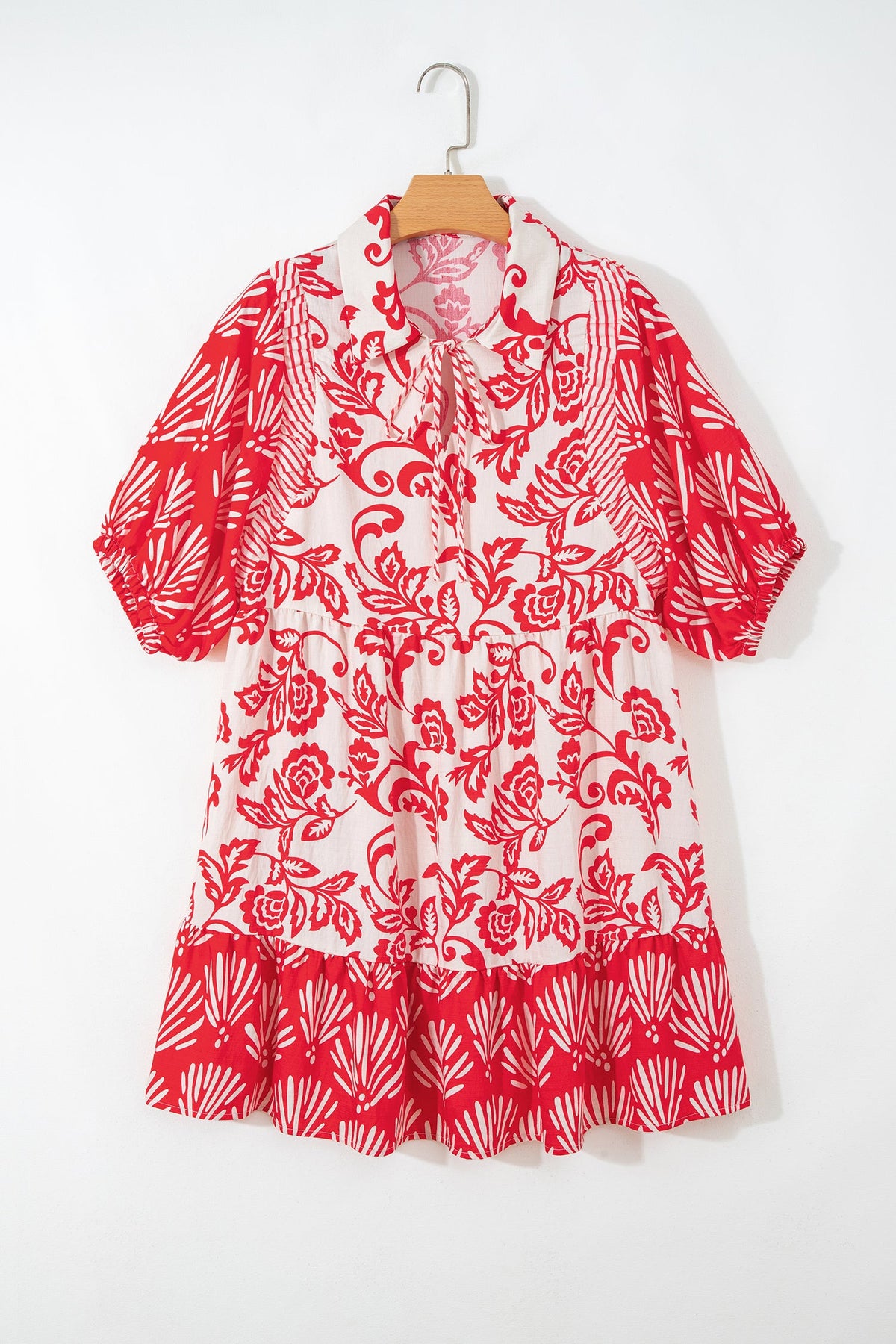 Flower V-Neck 3/4 Sleeve Collar Mini Dress