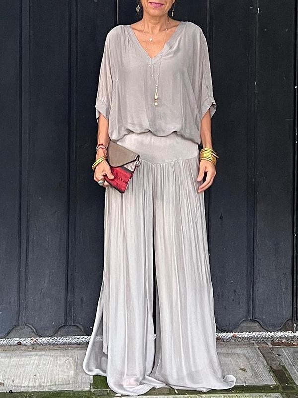 Solid Color Chiffon Two-Piece Set with V-Neck Top and Trousers - Image 10