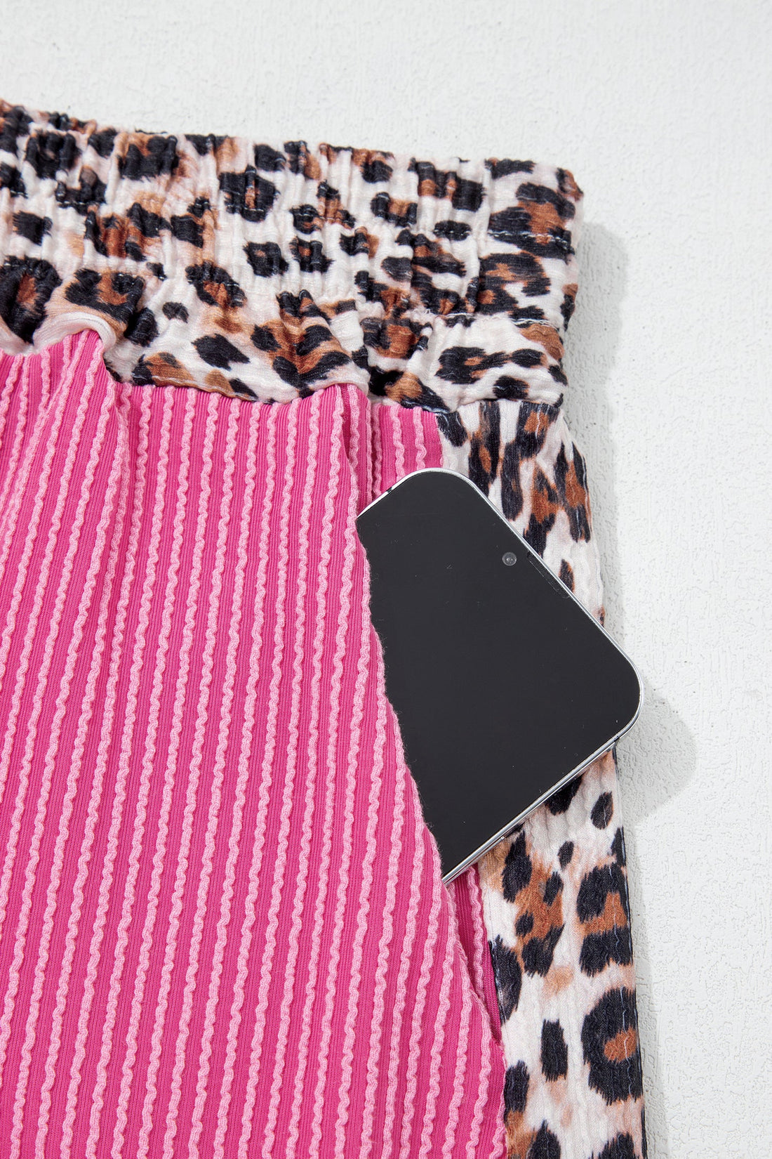 Pink Leopard Trim Corded Knit Top & Shorts Lounge Set